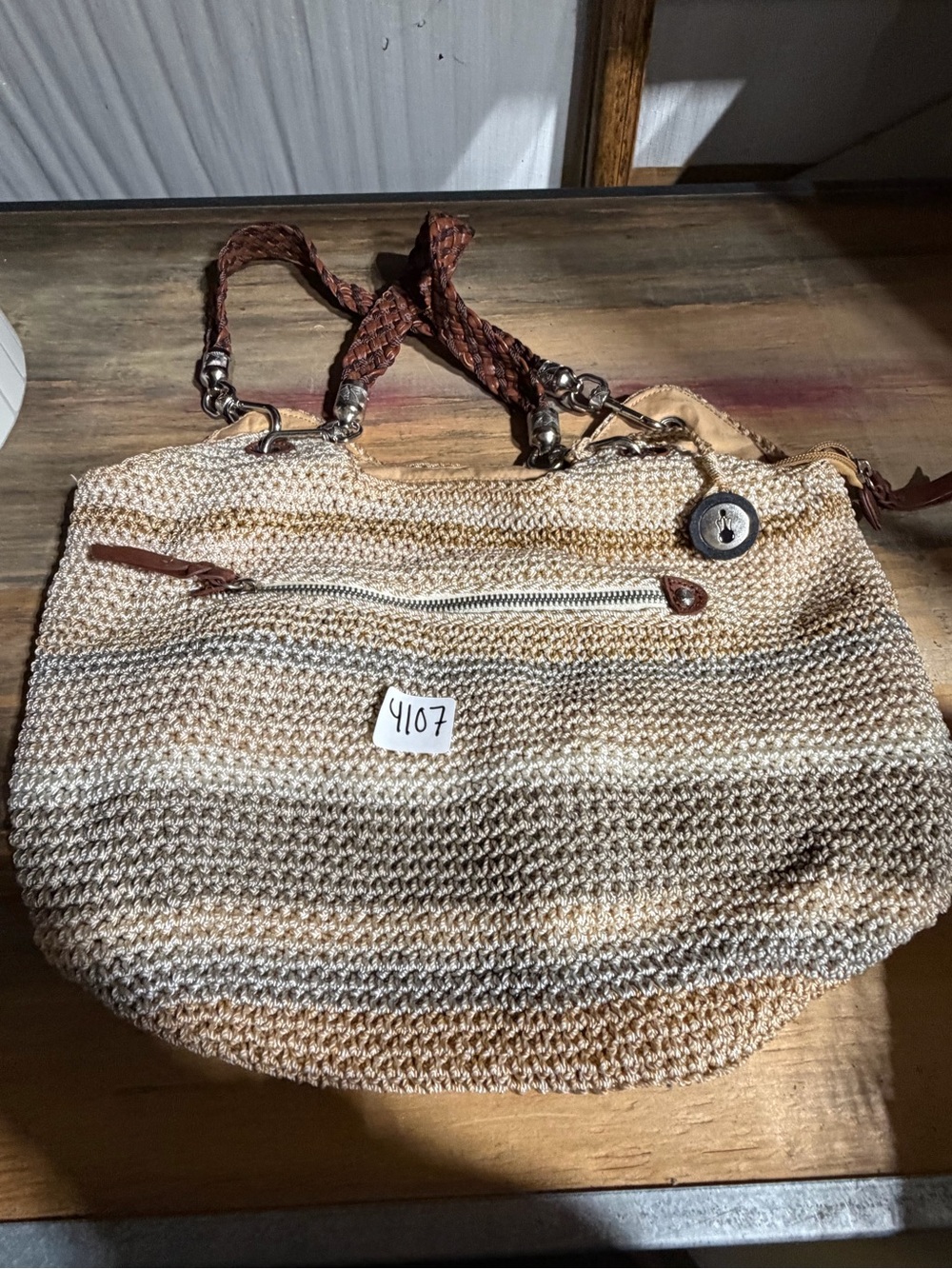 #4107-Braided-Handle Woven Tote Bag in Natural Beige and Brown